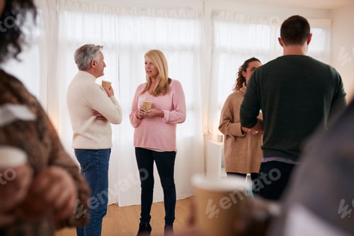 Preview: Group Of People Drinking Coffee And Chatting At Informal Meeting To Discuss Community Issues