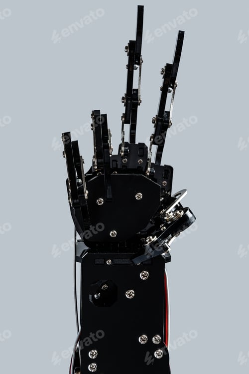 Preview: Real robotic hand giving V sign against gray background