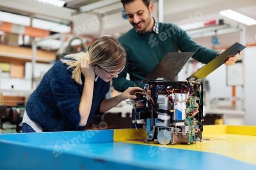 Preview: Young students of robotics preparing robot for testing