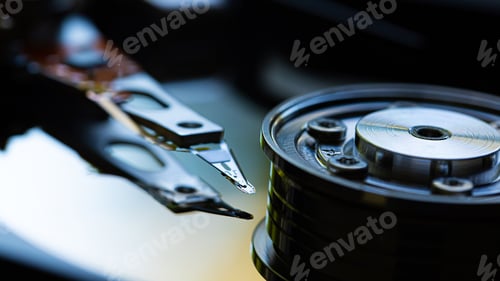 Preview: Macro Close up of inside of magnetic Hard Disc Drive