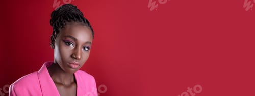Preview: Young woman poses confidently in pink attire against a red backdrop