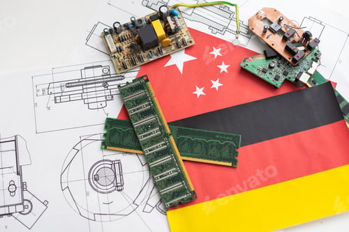 Preview: An advanced CPU printed with a national flag of Germany on a neon glowing electronic circuit board