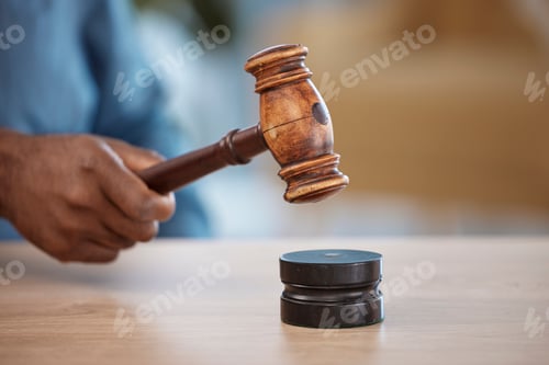 Preview: Gavel, hand of lawyer or judge in office for decision, attention or legal advice in justice system.