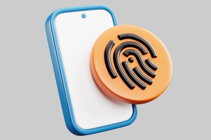 Visualização: Smartphone com borda azul e objeto Wi-Fi laranja