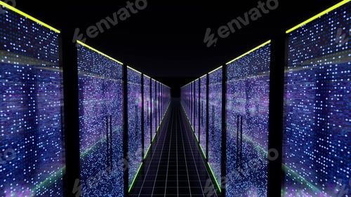 Preview: Modern data center servers room with neon lights AI iot learning 3d rendering