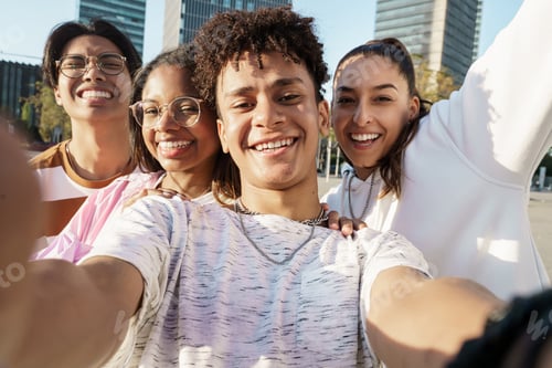 Preview: Group of happy Multiethnic Teenager friends Taking a Selfie in the city