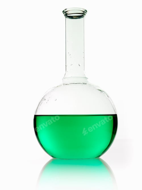 Preview: A rounded glass scientific chemical flask with a long funnel neck, holding green liquid.