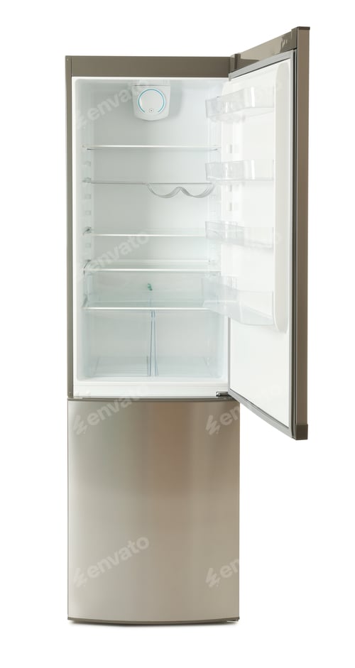 Preview: Modern refrigerator with open door on white background