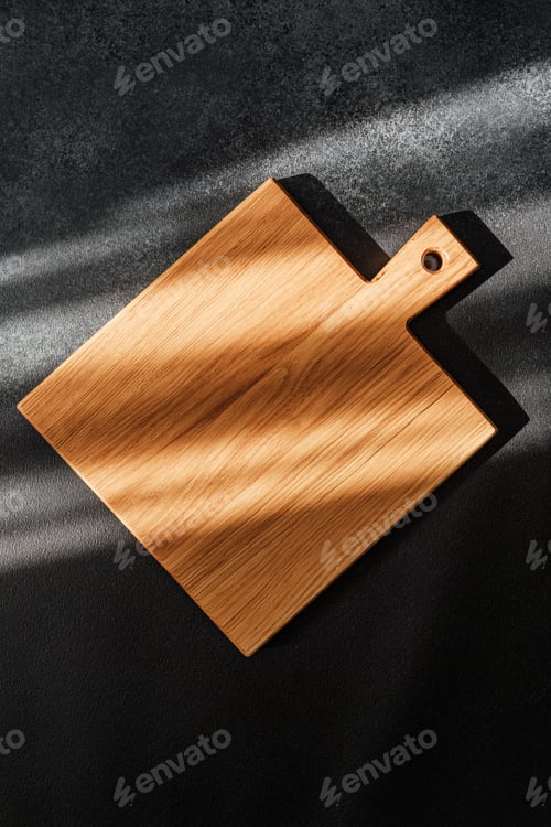 Preview: Wooden cutting board with unique shape and light shadows on a dark surface