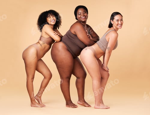 Preview: Diversity women, body size and portrait of group together for inclusion, beauty and power. Underwea
