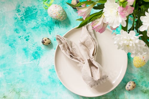 Preview: Holidays Easter table Setting with spring flowers.