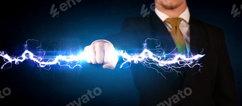 Preview: Business Man Holding Electricity Light Bolt In His Hands Concept