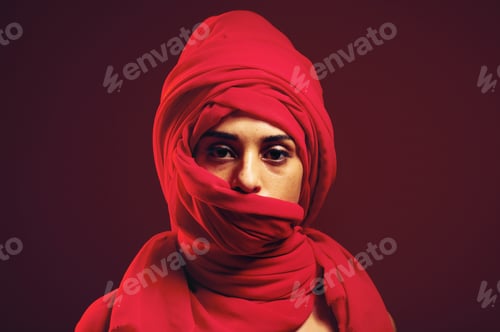Preview: Hijab, muslim and portrait of a islamic woman in studio with dark background. Serious, covered and