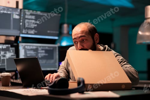 Preview: Software developer eating pizza from takeaway