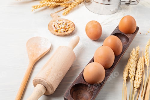 Preview: Baking ingredients and kitchen utensils flat lay. Healthy eating, home cooking, baking recipes