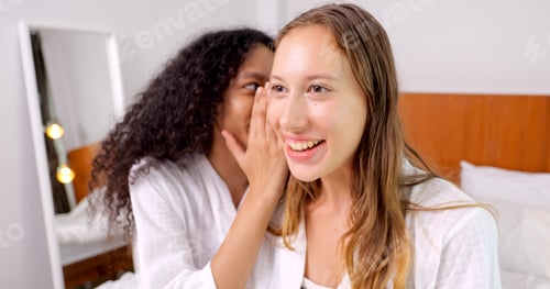 Preview: Diverse female close friends sharing secrets, Two women gossiping at home