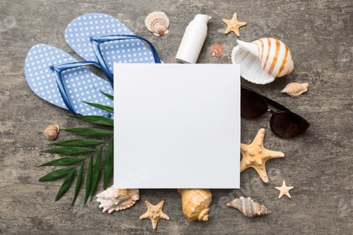 Preview: Summer time concept with blank greeting card and blank white paper