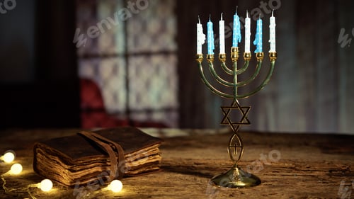 Preview: Old book and candlestick on Hanukkah night atmosphere