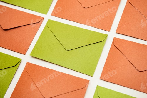 Preview: Layout of multicolour envelopes on desk. Envelope pattern background