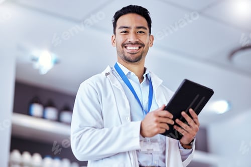 Preview: Science, tablet and portrait of man in laboratory for research, data analytics and study results. H