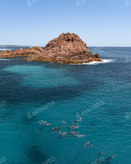 Preview: Scenic view of the rocky island in the ocean with dolphins swimming in the foreground.