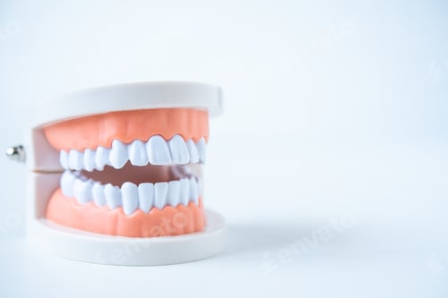 Preview: close up dentist tools for teeth care at white background top view