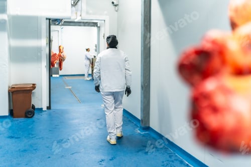 Preview: People working in the cold room storage of a meat factory