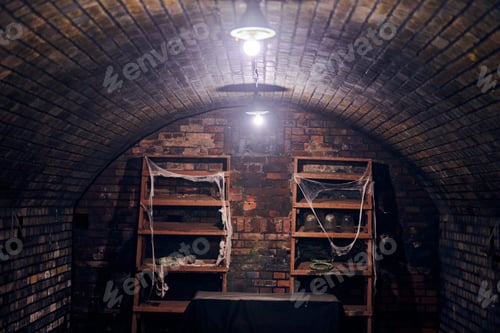 Preview: Creepy Brick Cellar with Shelves and Spiderwebs