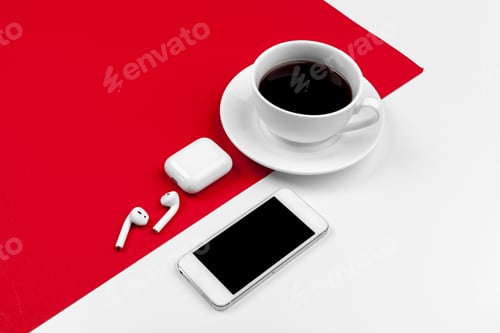 Preview: Mock up with copy space with smartphone on bright red background