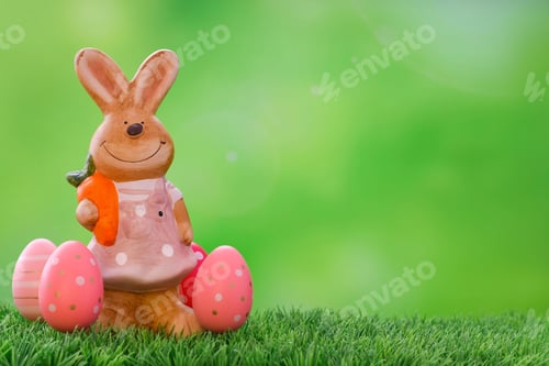Preview: Easter composition with bunny girl and decorated Easter eggs.