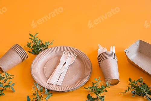 Preview: eco friendly disposable dishes made paper on an orange background.