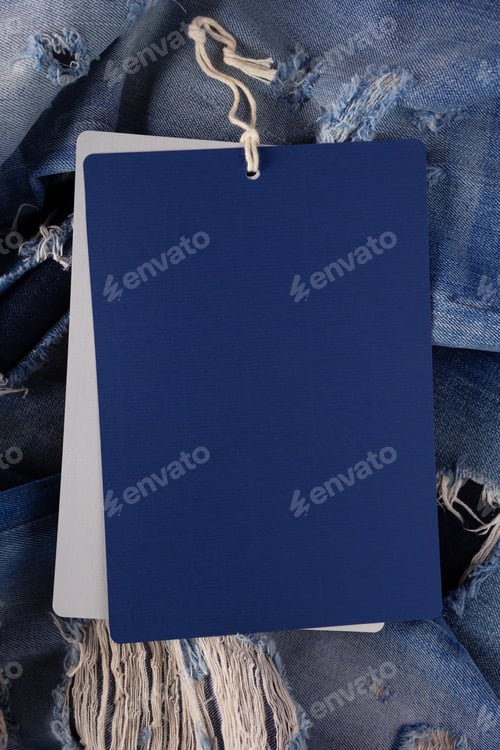 Preview: Paper price tag label on jeans background texture. Blue jeans denim fabric
