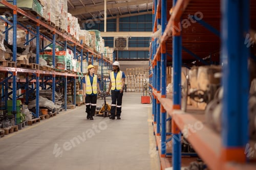Preview: Top view of two warehouse workers pushing a pallet truck in a shipping and distribution warehouse.