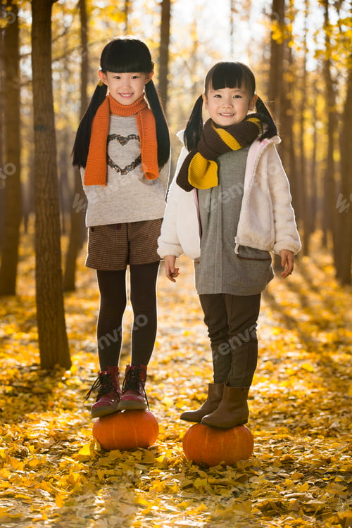 Preview: Portrait of two girls standing on pumpkins in autumn woods