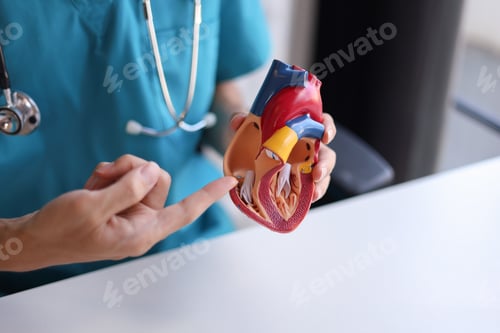 Preview: Doctor using heart model to explain blood flows direction.