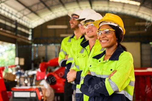 Preview: Group of technicians engineers workers posing to camera with smile