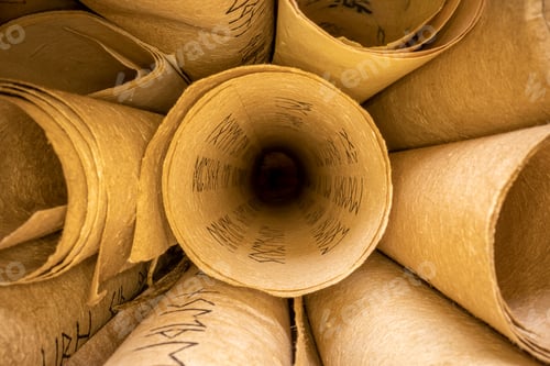Preview: Old scribe library. Retro futhpak scrolls stacked on a pile.