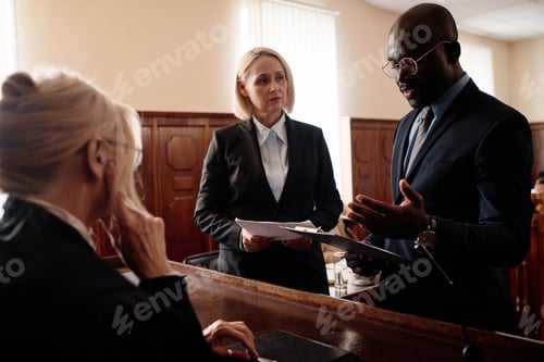 Preview: Defense and prosecution sides of court case standing in front of judge
