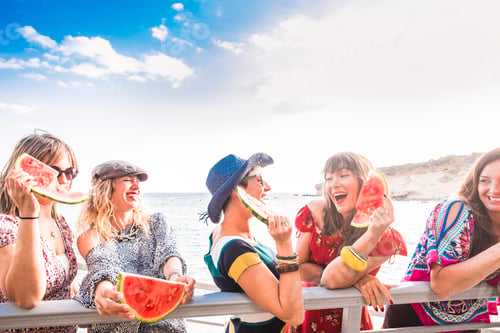 Preview: blue and red colours image of group of females friends stay together and have fun in the summer