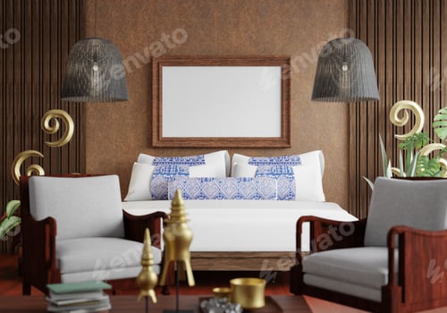 Preview: 3D illustration Mockup photo frame in bedroom rendering