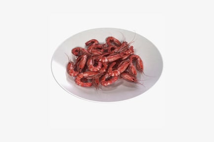 Preview: Circular arrangement of cooked shrimp on white plate