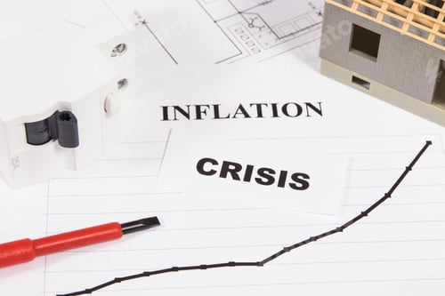 Preview: Inscription inflation with electric fuse, work tools, house under construction and installation plan