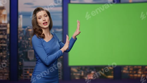 Preview: Confident tv presenter hosting newscast on green screen at studio close up.