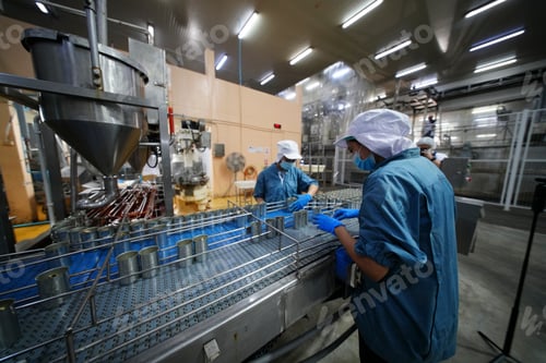 Preview: Workers perform canning process in food production facility during daytime operations