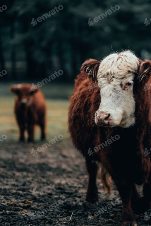 Preview: Vertical shot of a Scottish highland cow in a paddock