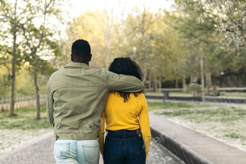 Preview: back view of a afro american couple walking in a park