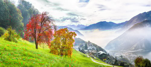 Preview: Captivating autumn view on suburb of Stansstad city and Lucerne lake with mountaines and fog