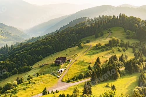 Preview: Dawn in green summer mountains. Vibrant photo wallpaper. The tranquil beauty of the earth concept.
