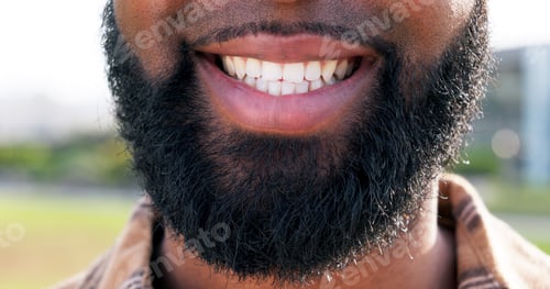 Preview: Happy, smile and mouth of man in city with confidence, pride and joy outdoors for dental wellness.