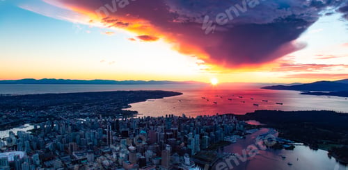 Preview: Aerial view of Stanley Park and Downtown Vancouver, BC, Canada. Beach on West Ocean Coast.